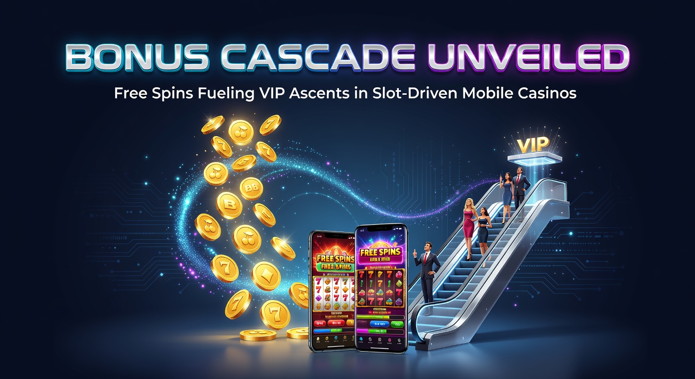 Mobile casino VIP ladder graphic with cascading free spins icons climbing tiers, surrounded by glowing slot symbols and reward notifications