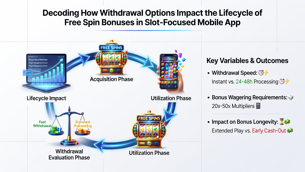 Illustration of bonus lifecycle stages connected to various withdrawal options in a mobile casino app