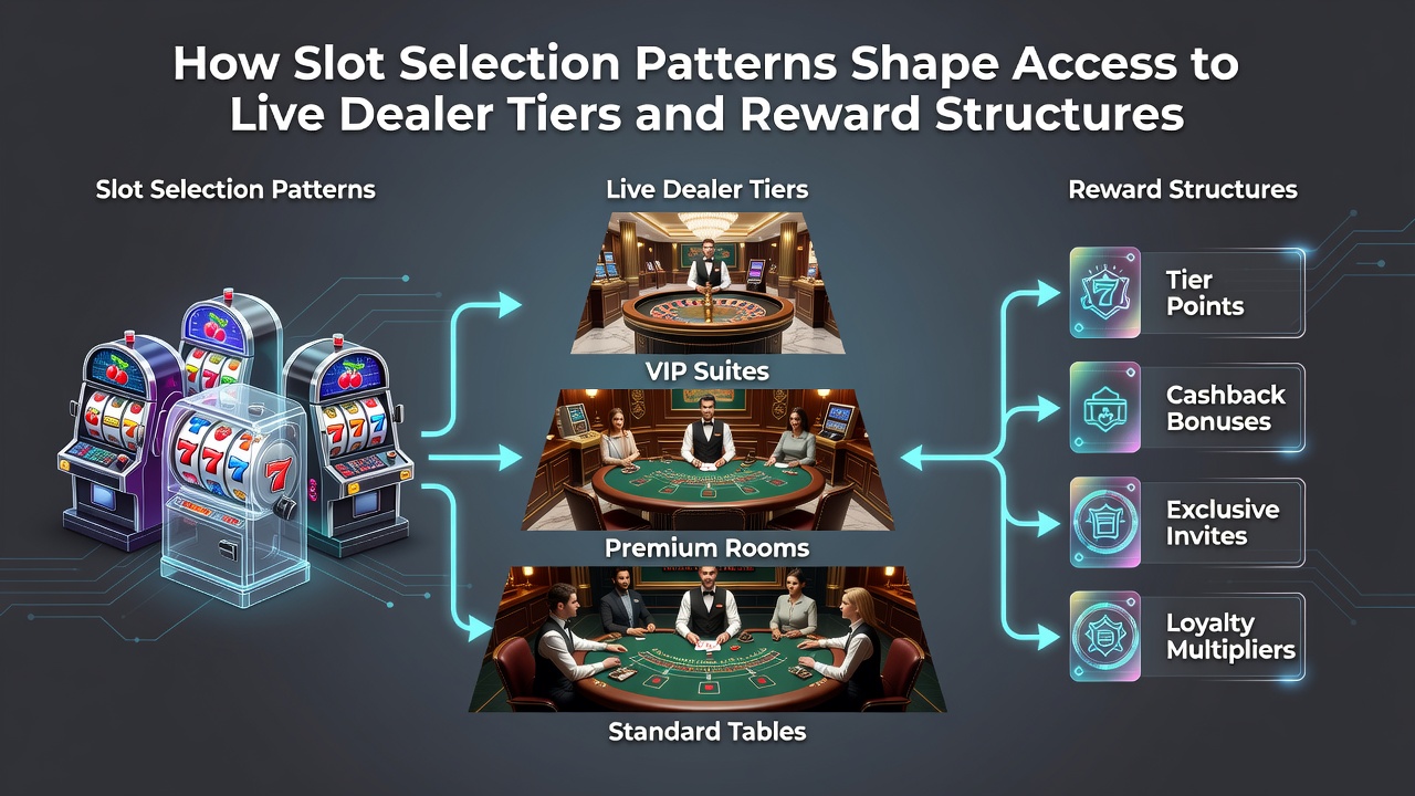 Illustration of slot game interfaces transitioning into live dealer environments with tier progression indicators