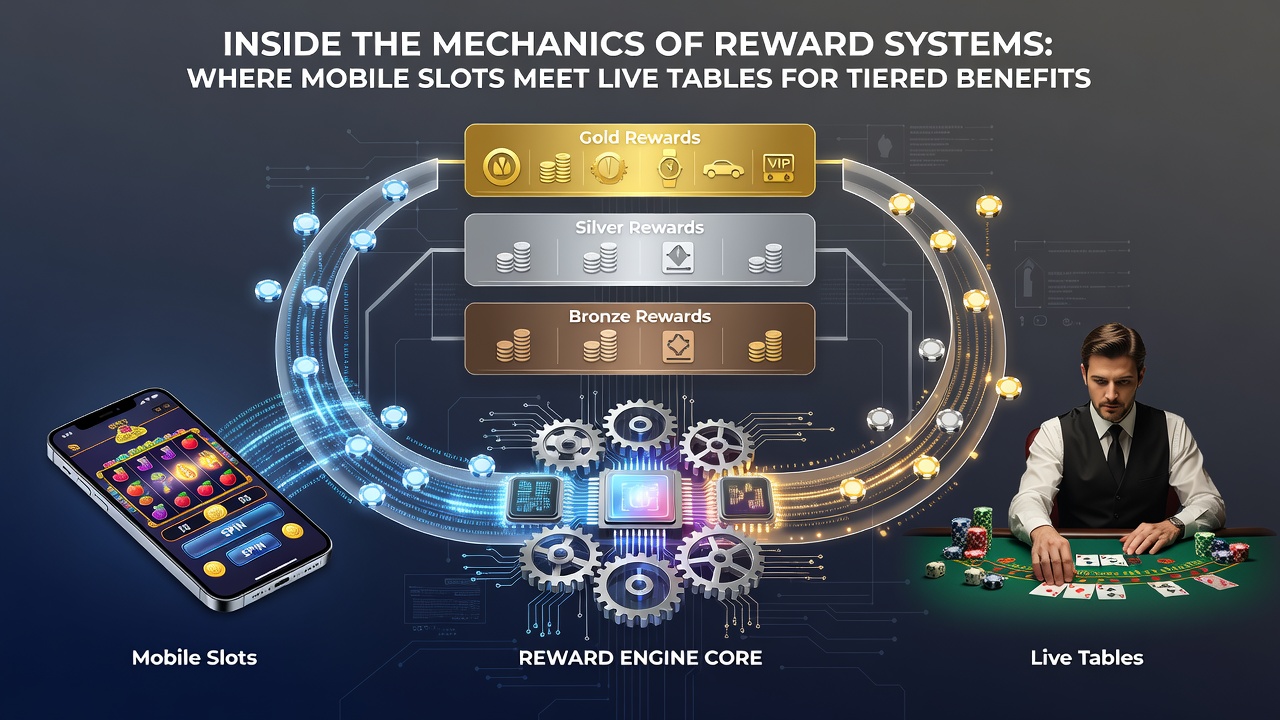 Player dashboard displaying tier progression from slots to live tables with accumulated rewards