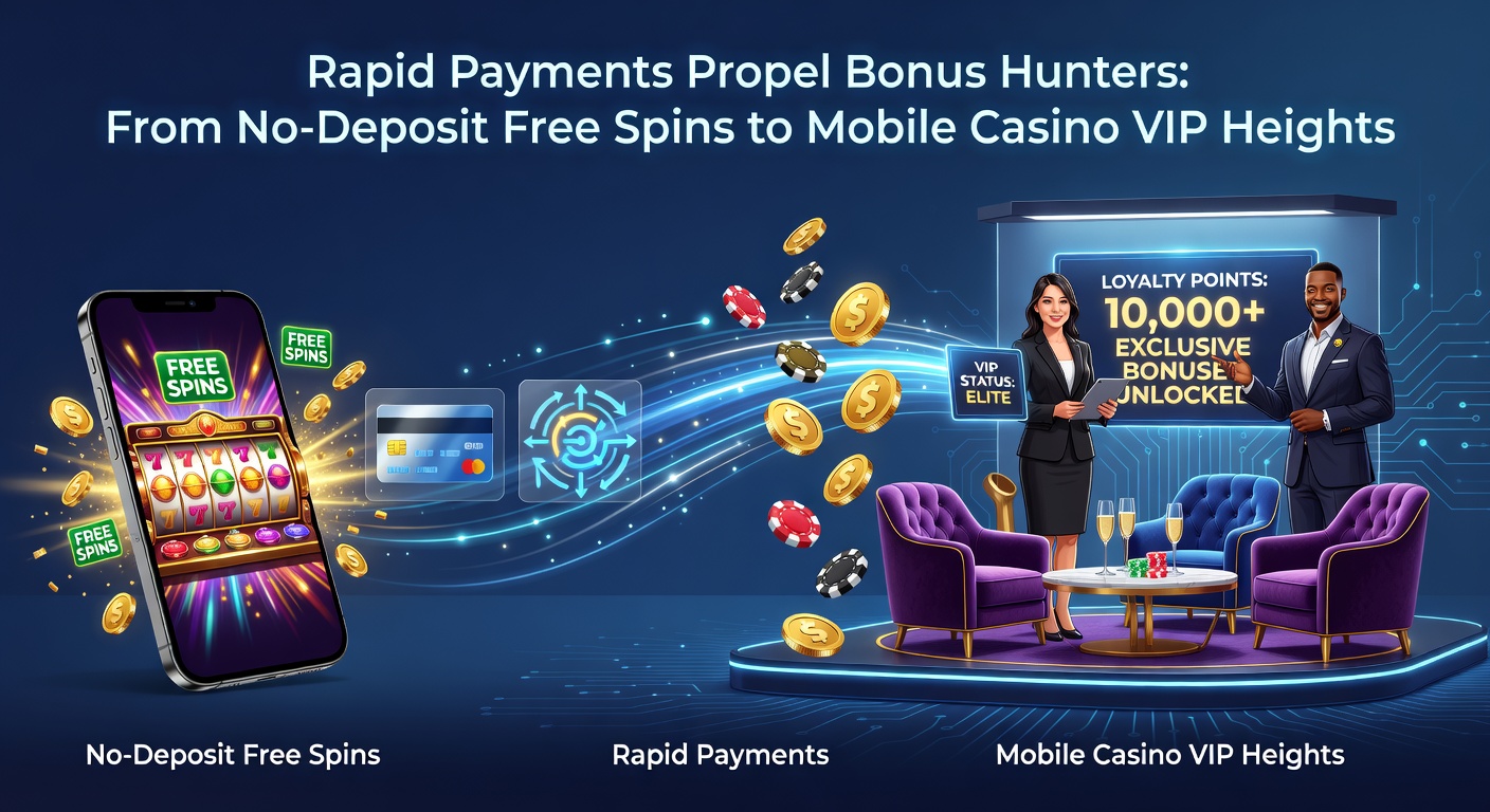 Illustration of a mobile phone screen displaying lightning-fast transaction confirmations alongside cascading free spin bonuses and glowing VIP badges