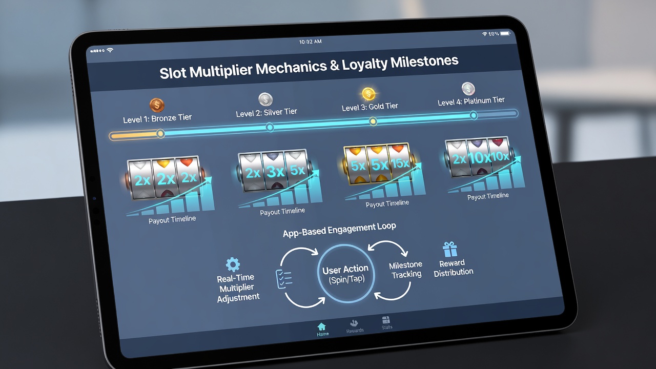 Mobile app screenshot demonstrating progressive loyalty milestones synchronized with slot payout timelines and multiplier activations
