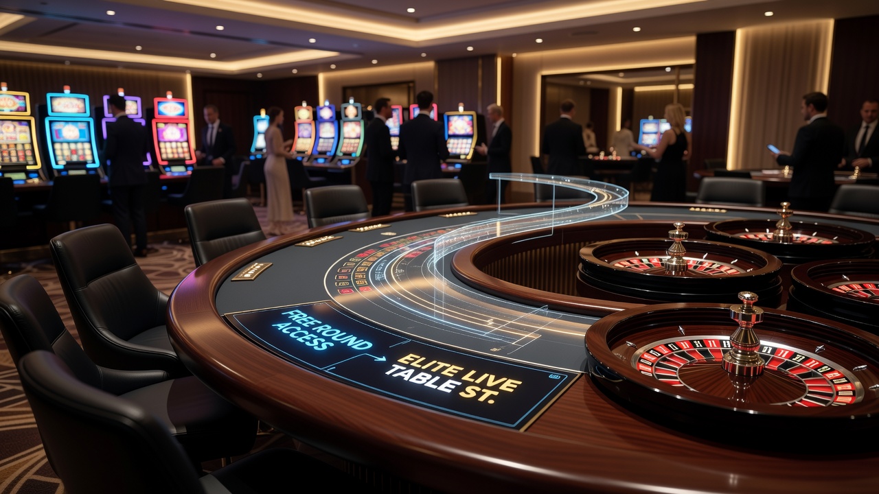 User progressing through mobile casino tiers with free spins converting to elite live table access via deposit synchronization
