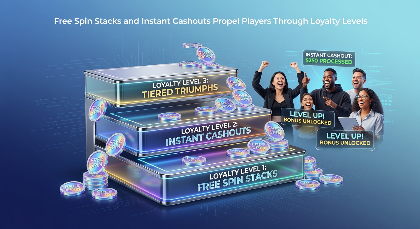 Players celebrating a loyalty tier upgrade amid cascading free spins and glowing cashout notifications on a mobile casino screen